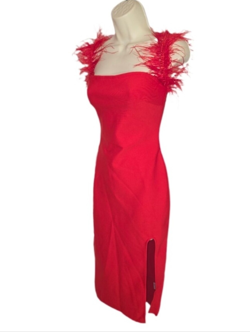 Bandage Dress Feather Trimmed Bodycon Side Slit Midi Red Size S